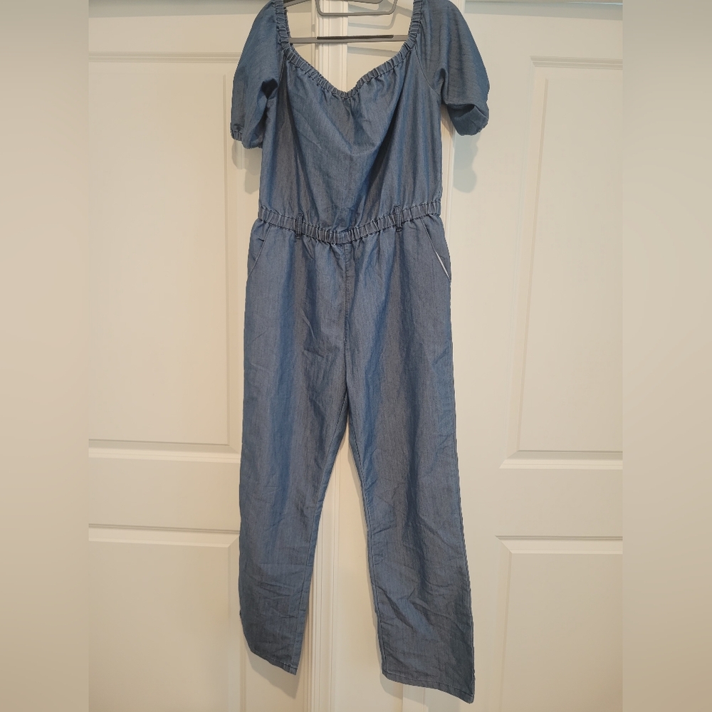 Blue Puff Sleeve Jumpsuit with Cinched Waist